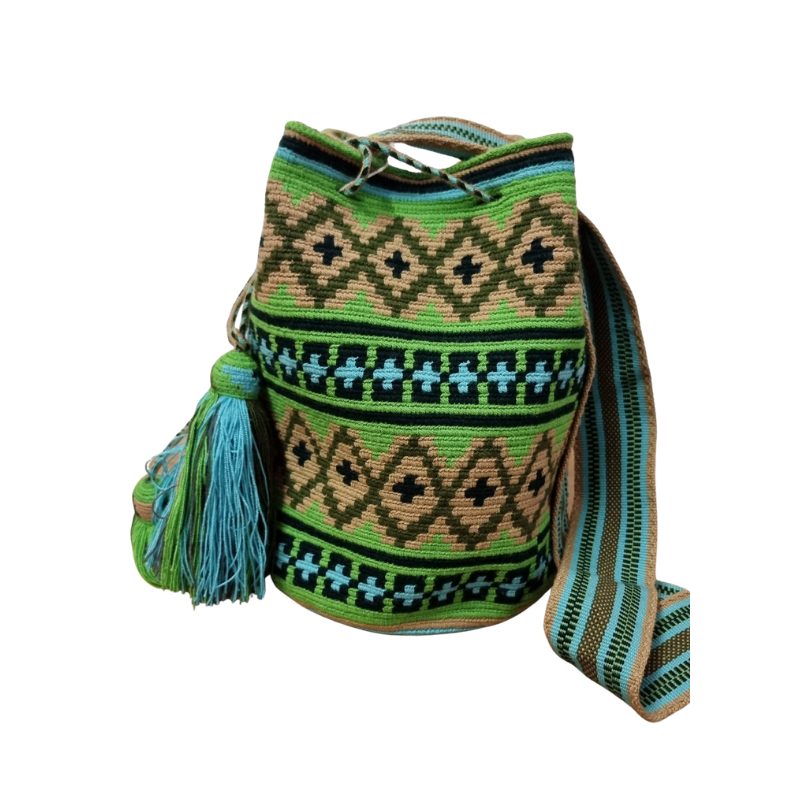 Borsa a traccola Wayuu _Fattta interamente a mano in Colombia-, misure diametro 22 cm alta 28 cm